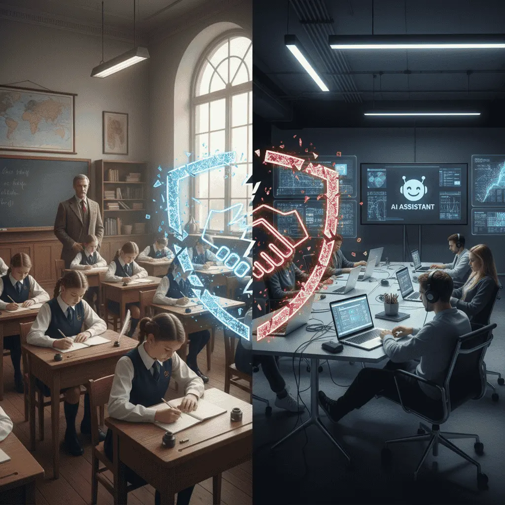 Conceptual image showing a split between traditional and AI-assisted learning